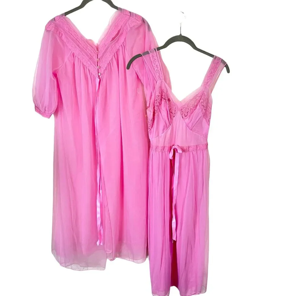 Nighty And Robe Set Vintage 60s Kayser Womens Pink Beautiful Sexy Size 32 S - Picture 1 of 11